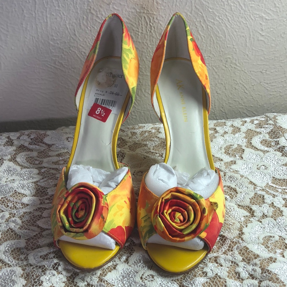 Anne Klein Vibrant Yellow and Orange Floral Heels